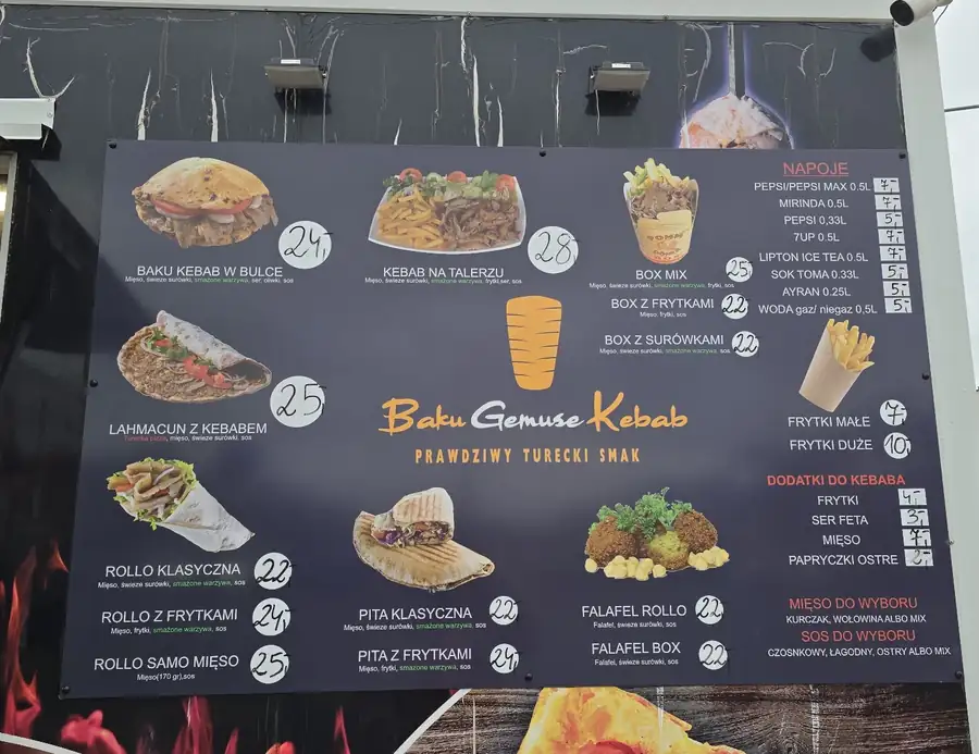 Tablica menu Baku Gemuse Kebab z cenami